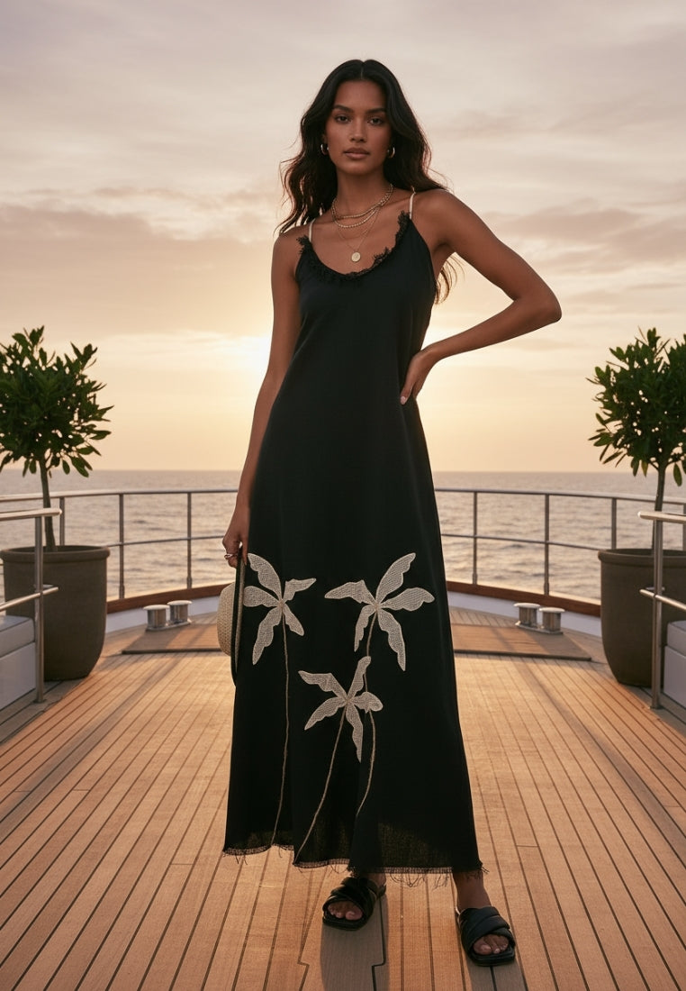 black tropical dress Passion Laka Hawaiian for Island Getaways M / Black Lightweight Woven Knit Fabrication Abstract Print Strapless Neckline Stretchy Smocked Upper Flowy Fit Slits on Both Sides 83% Rayon Natalia Black Floral Maxi Dress
