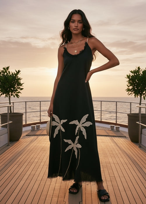 Tropical Long Black Dress