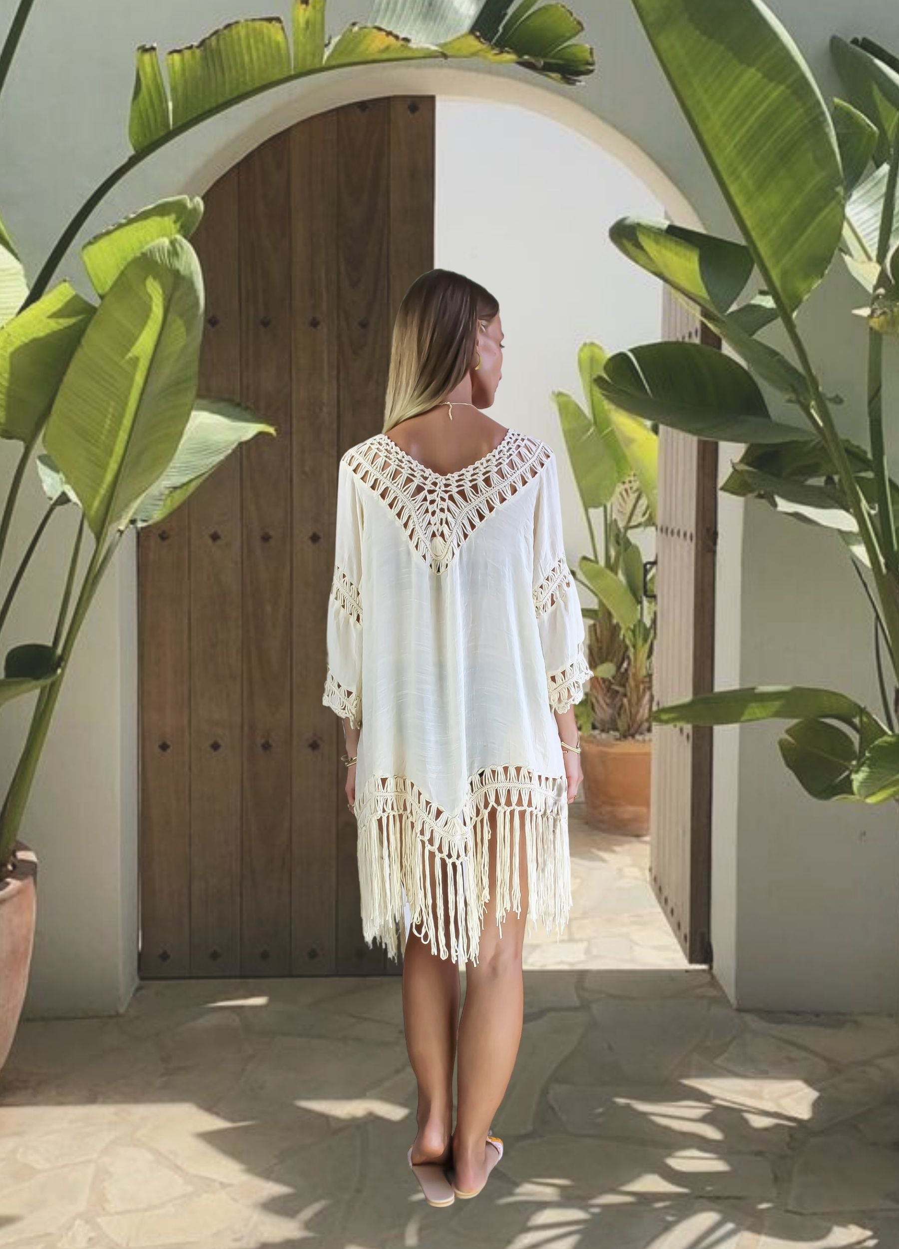 reva crochet off white kimono Bombay Sunset