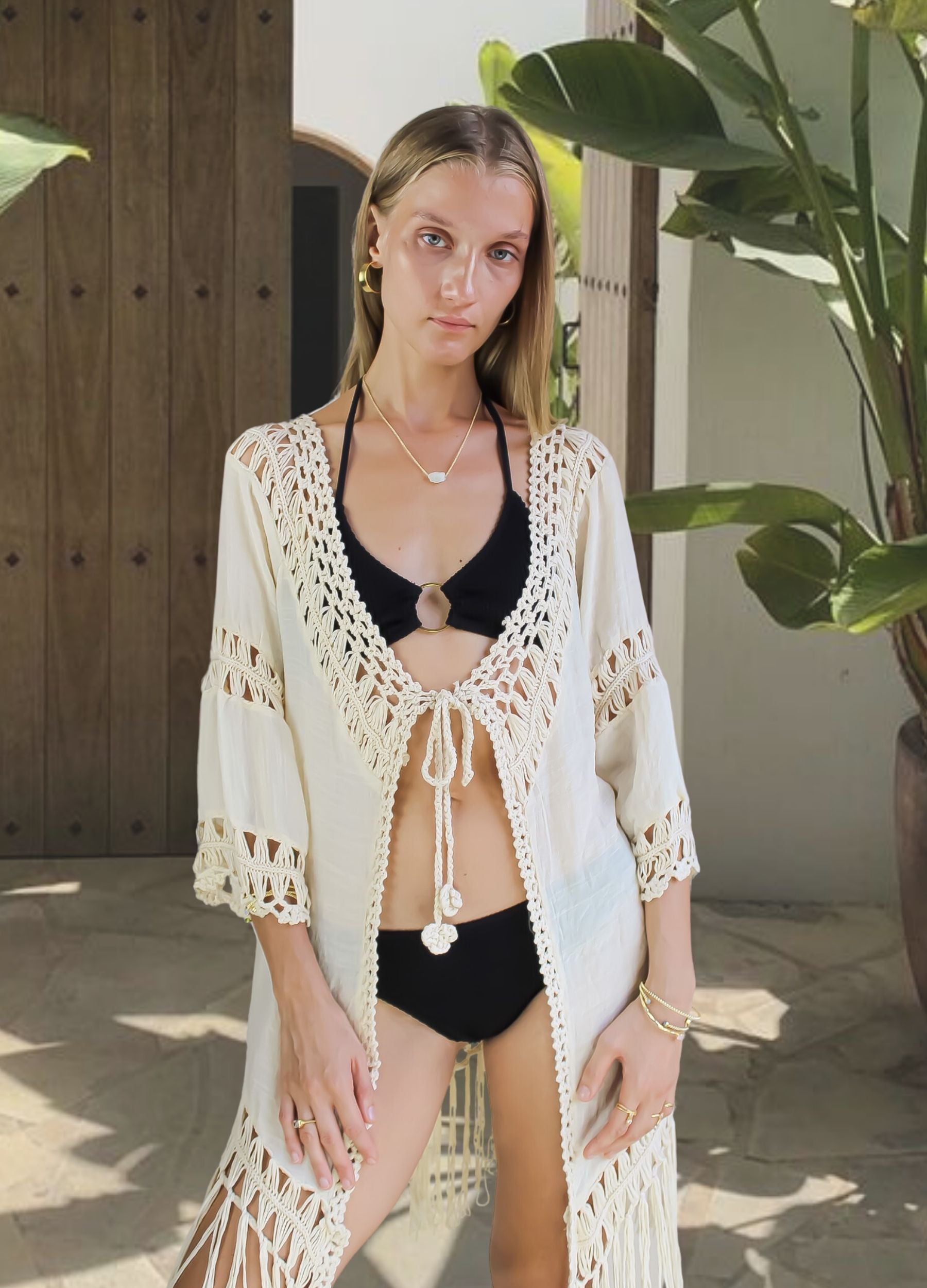 reva crochet off white kimono Bombay Sunset