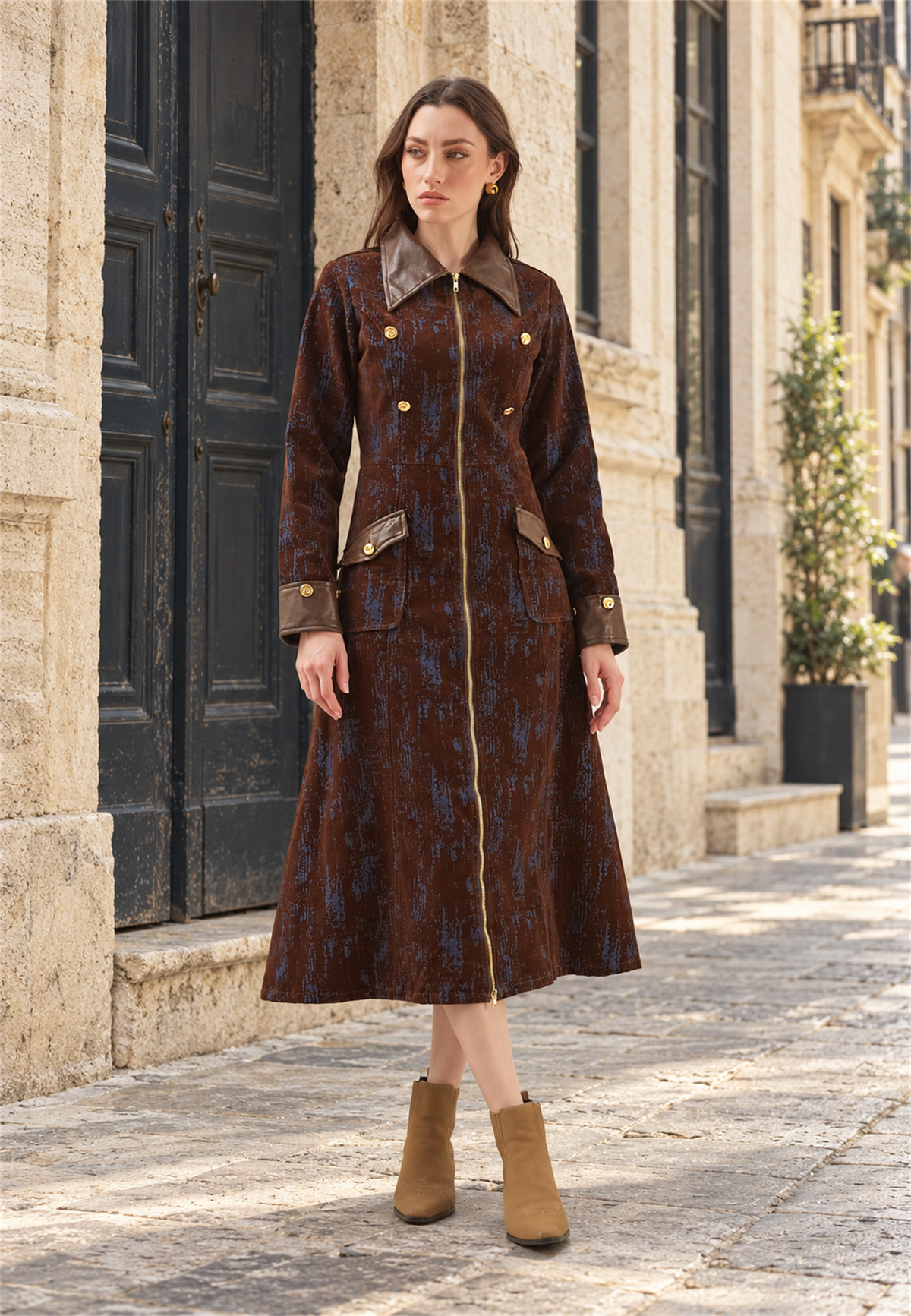 Midnight denim trench — full length editorial view