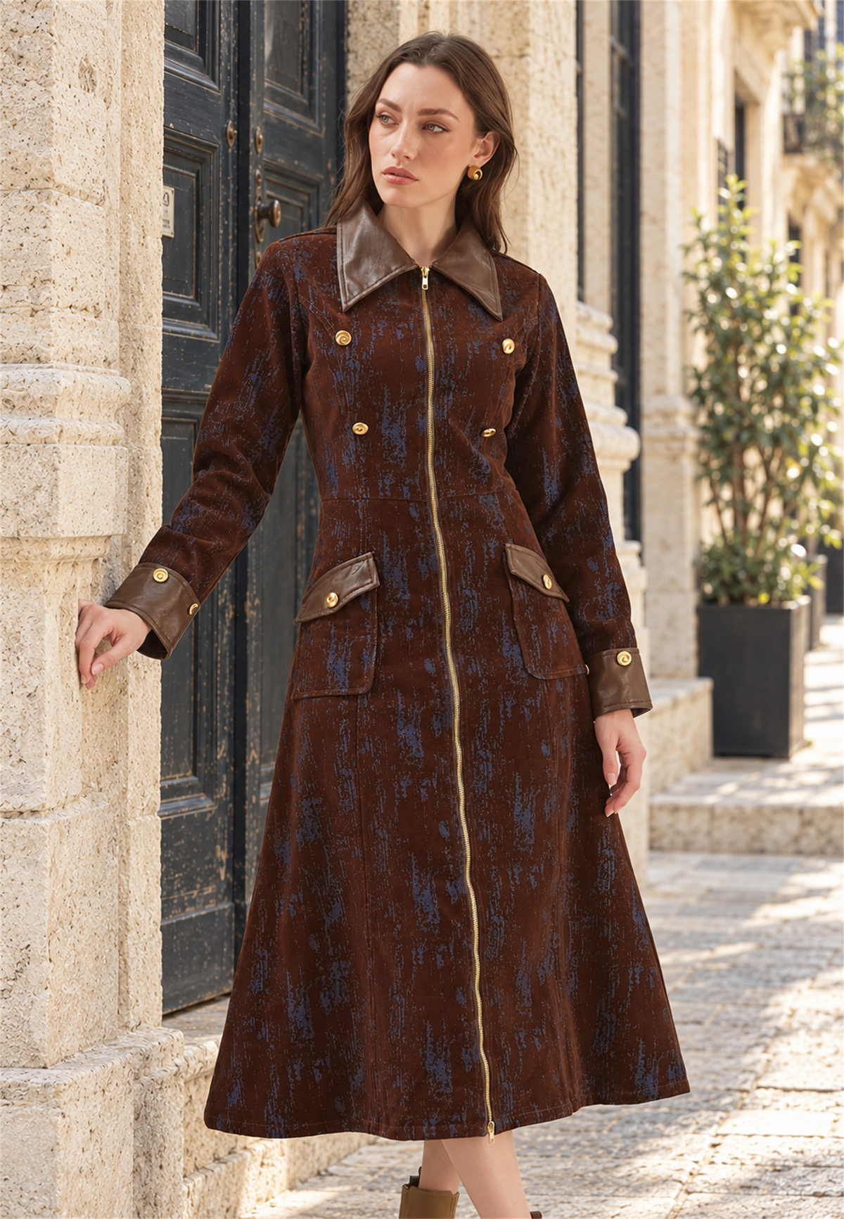Midnight denim trench — three quarter editorial view