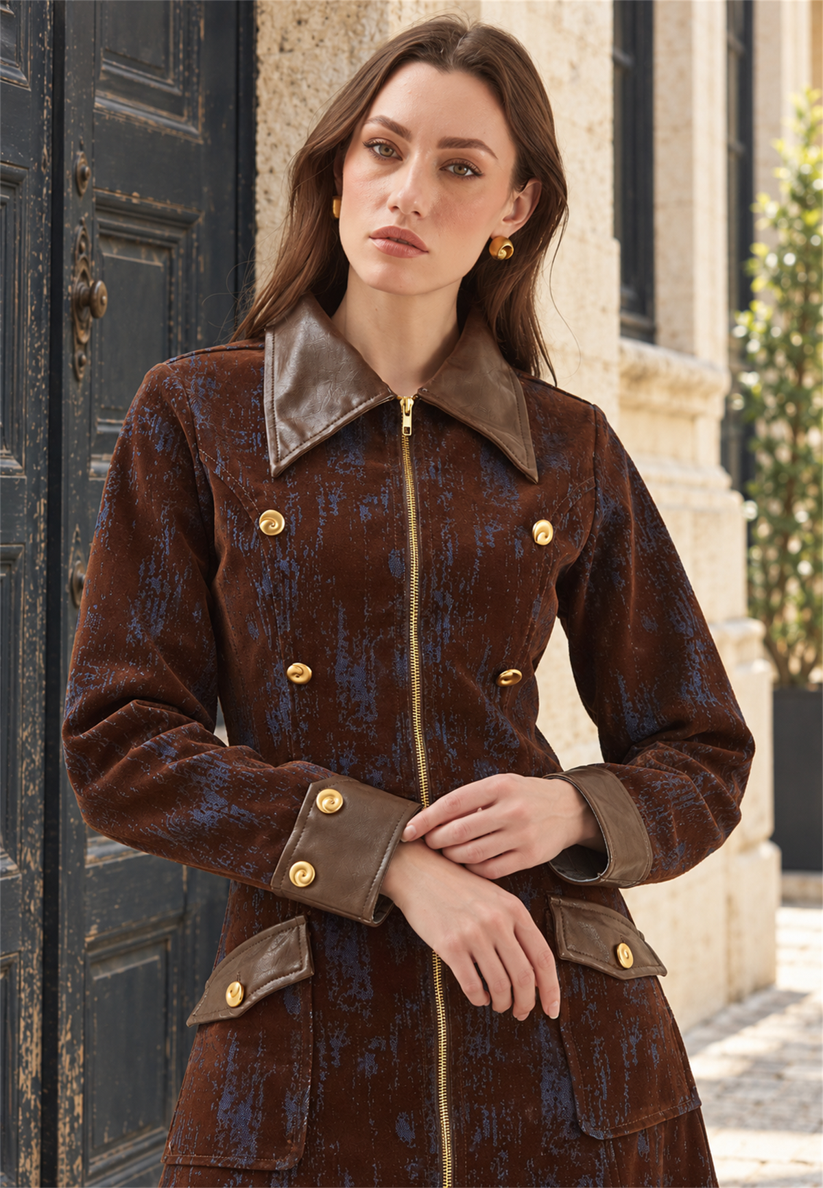 Midnight denim trench — fabric and detail editorial view