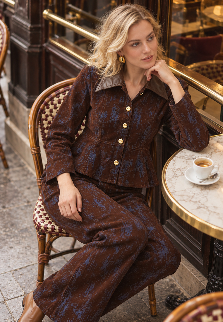 Midnight denim shirt — parisian café overhead editorial — 20261010