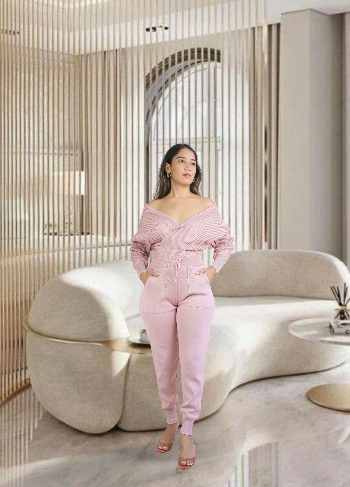 pink kim knitted tops and pants Bombay Sunset