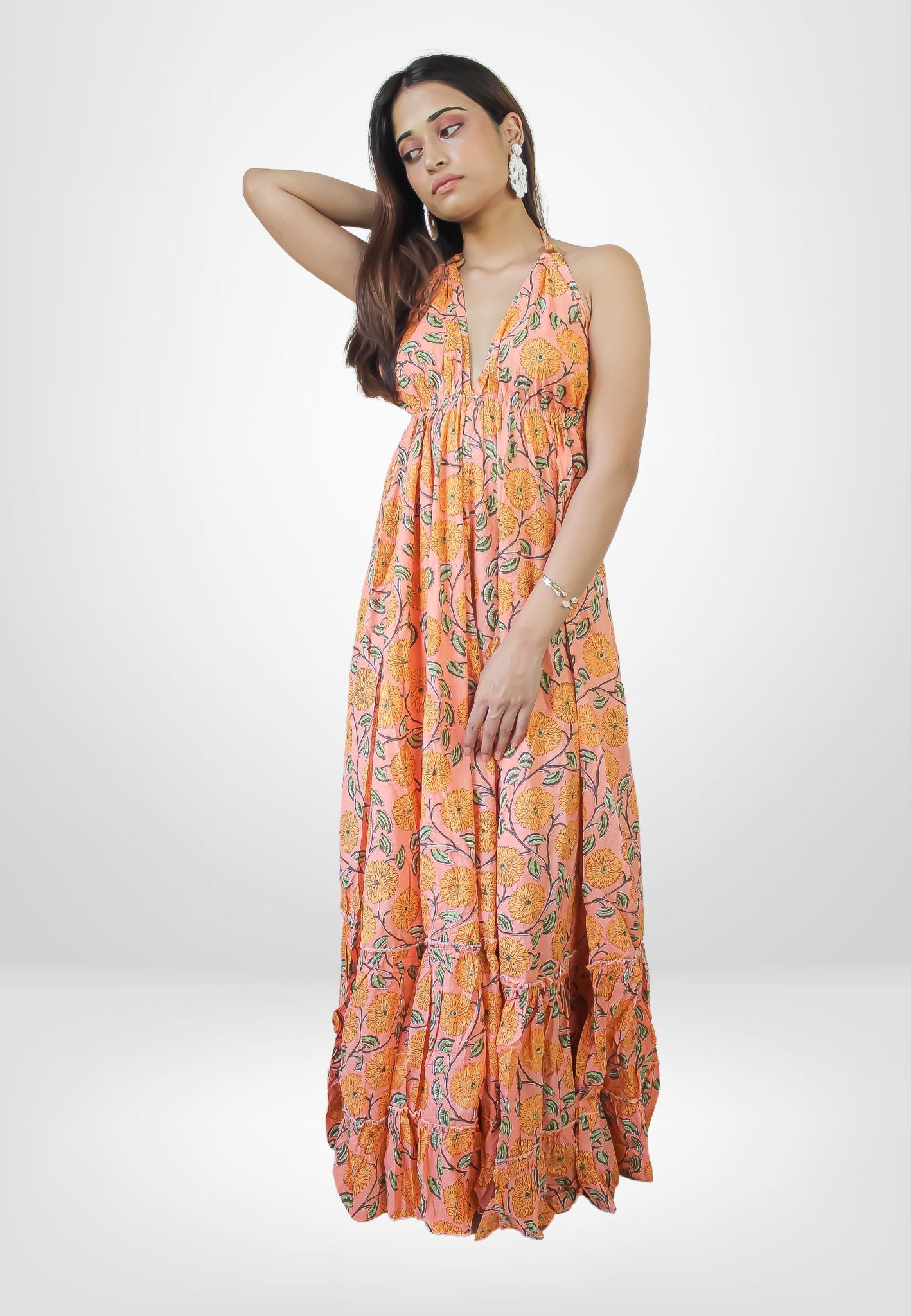 marigold backless tassel dress Bombay Sunset