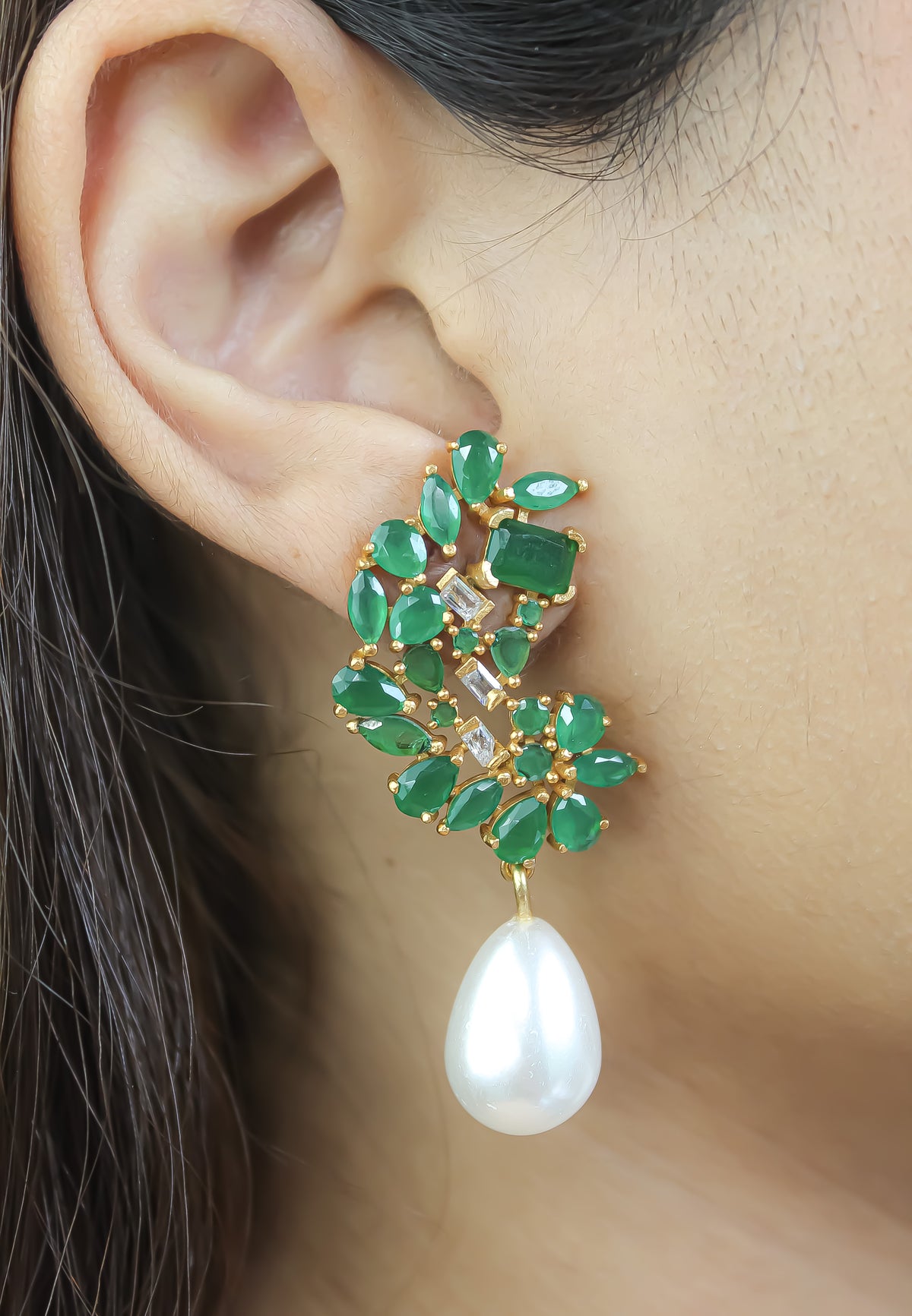 Golden frosty pearl earrings bombay sunset