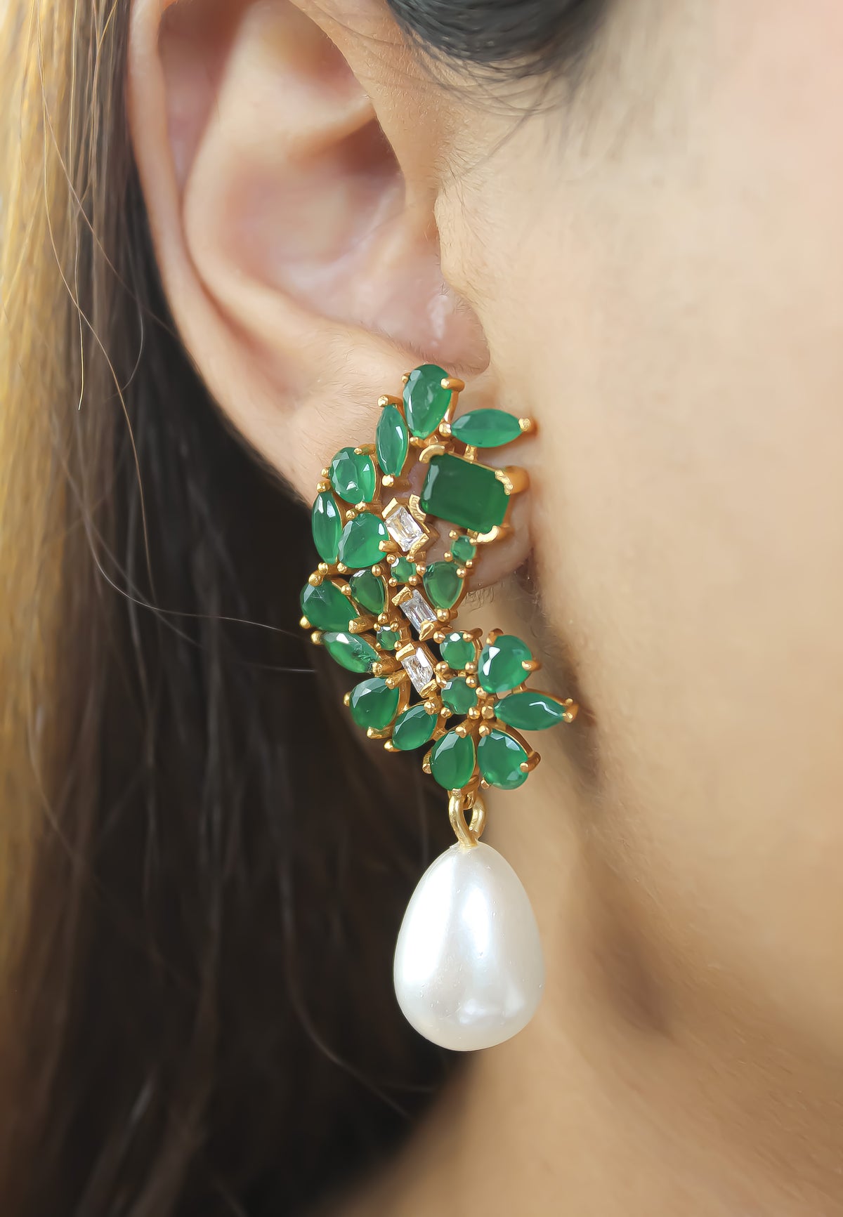 Golden frosty pearl earrings bombay sunset