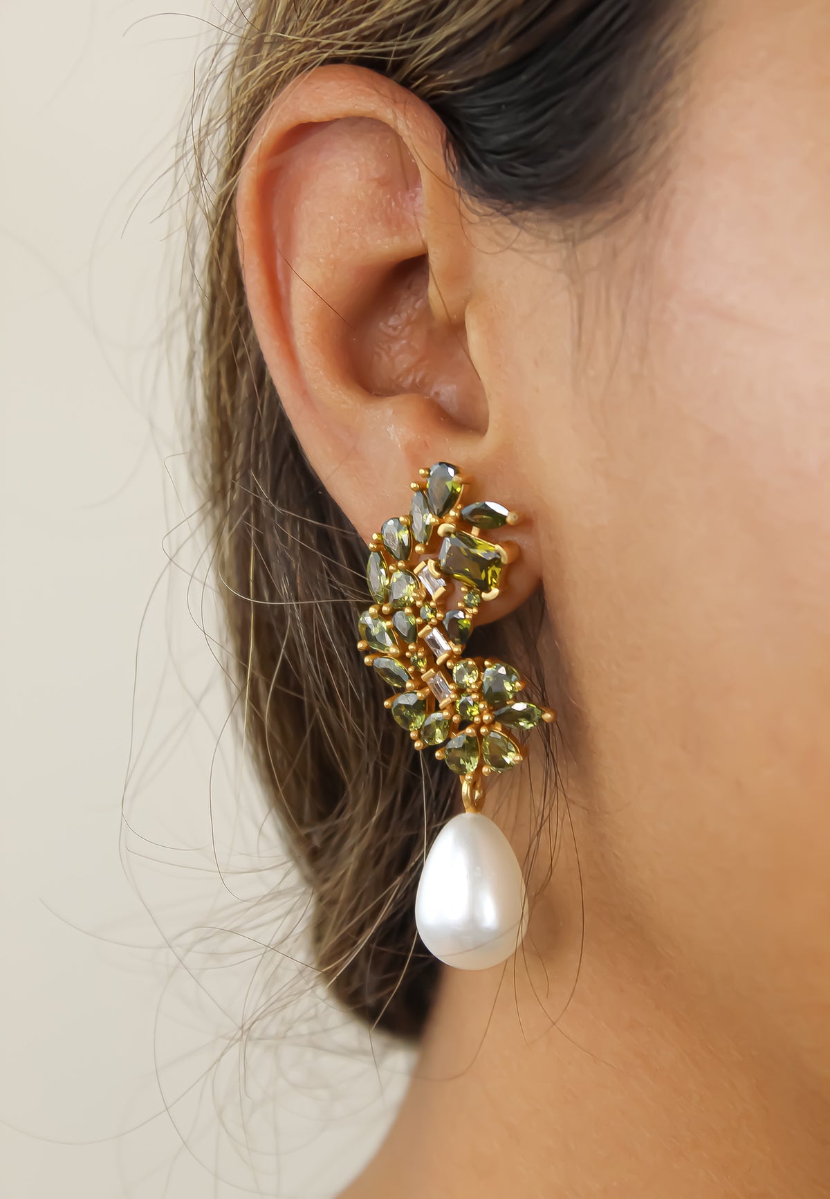 Golden frosty pearl earrings bombay sunset