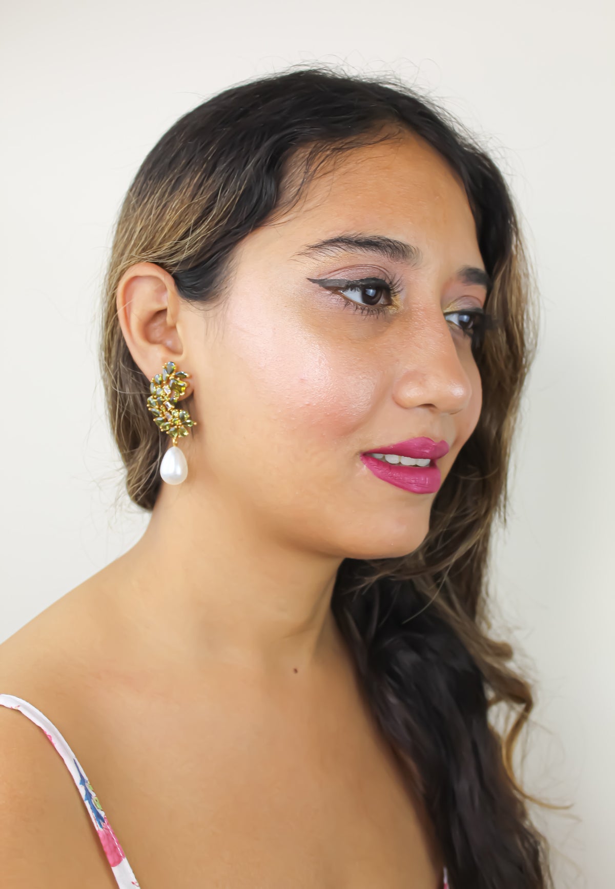 Golden frosty pearl earrings bombay sunset