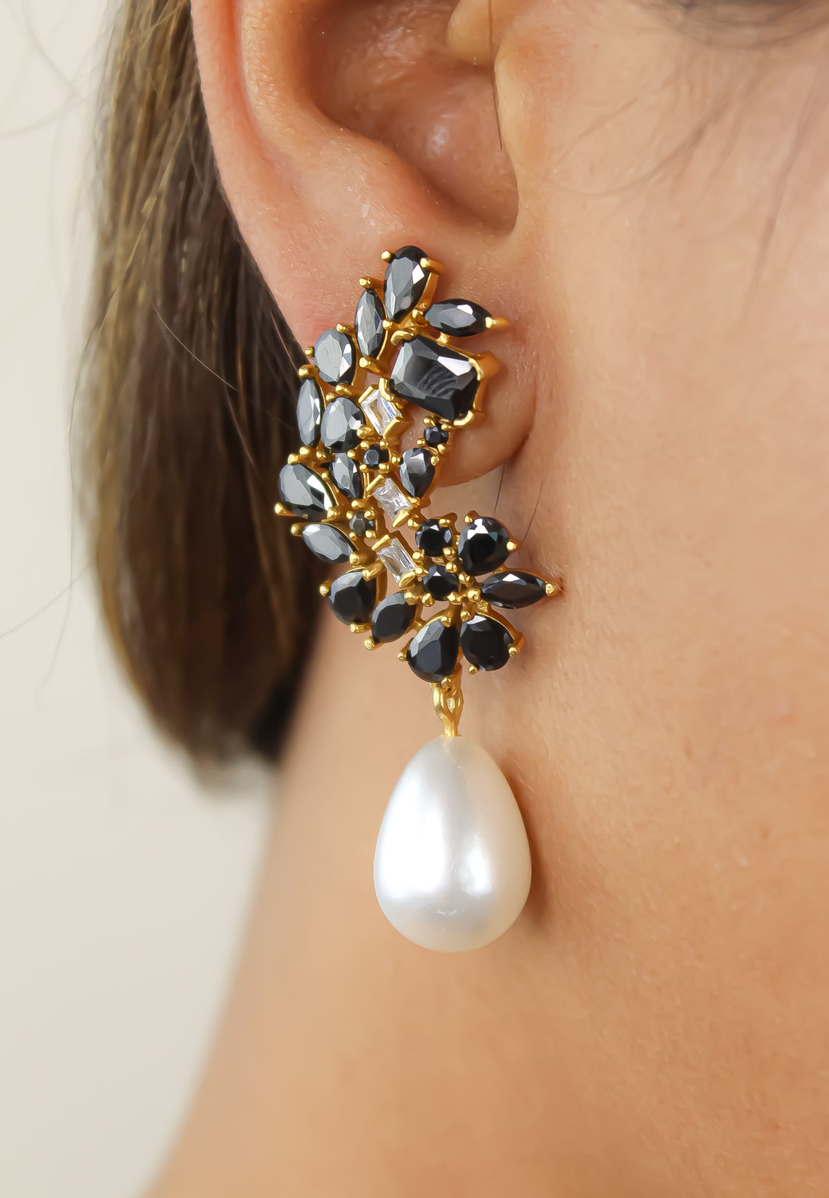 Golden frosty pearl earrings bombay sunset