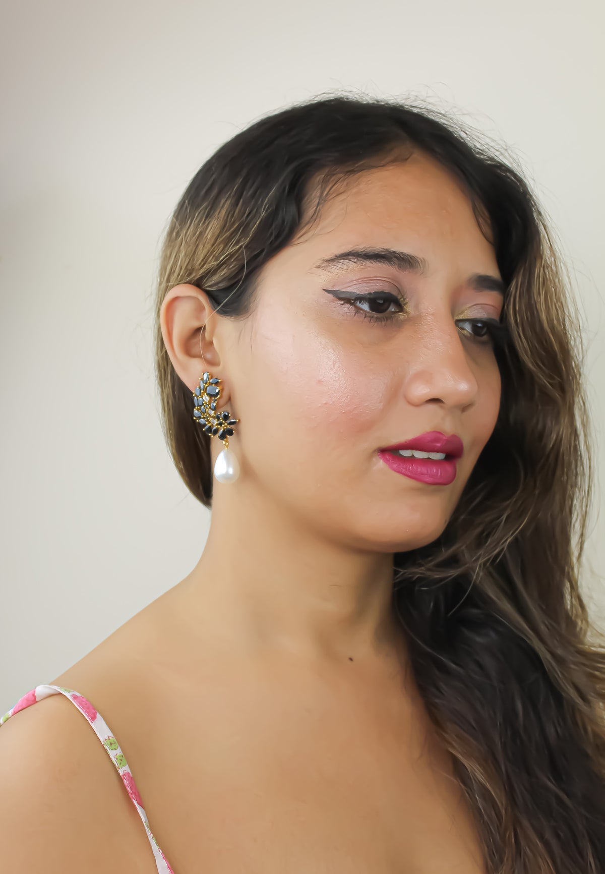 Golden frosty pearl earrings bombay sunset