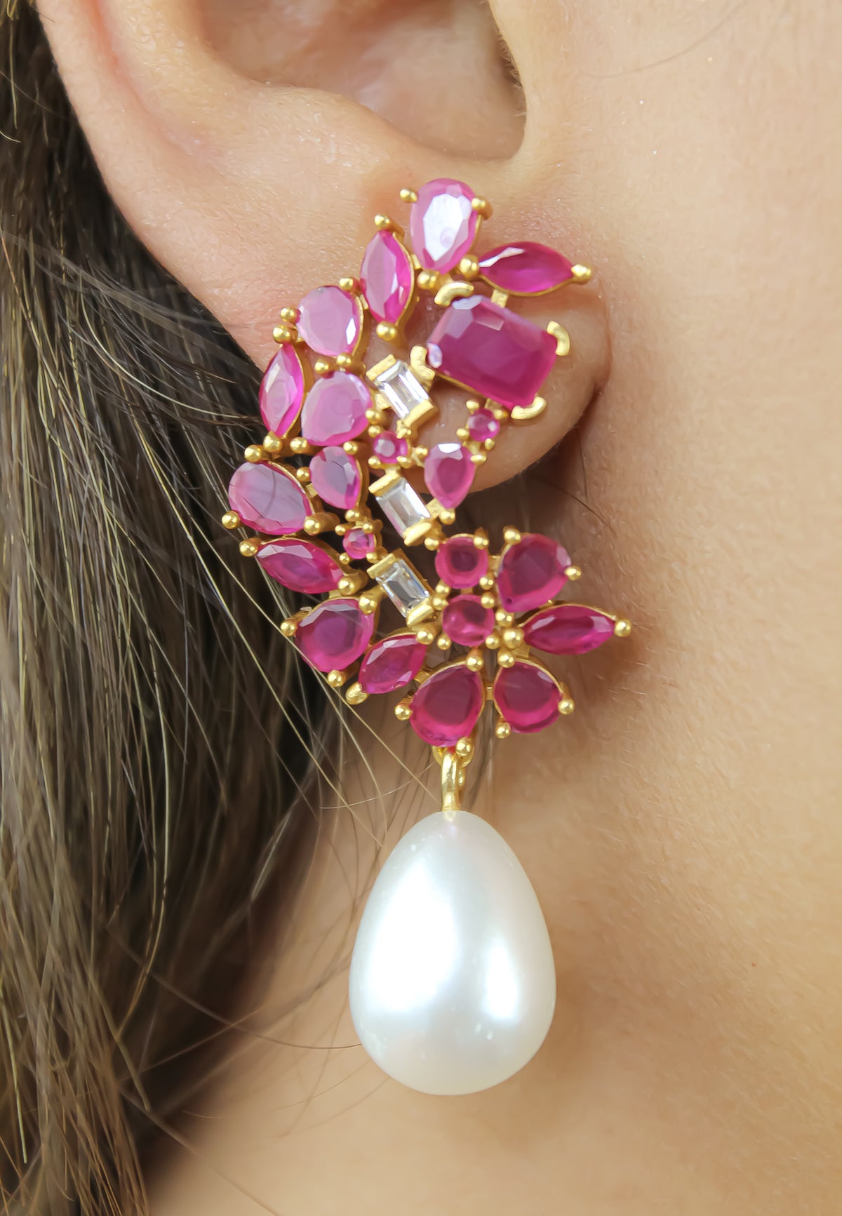 Golden frosty pearl earrings bombay sunset
