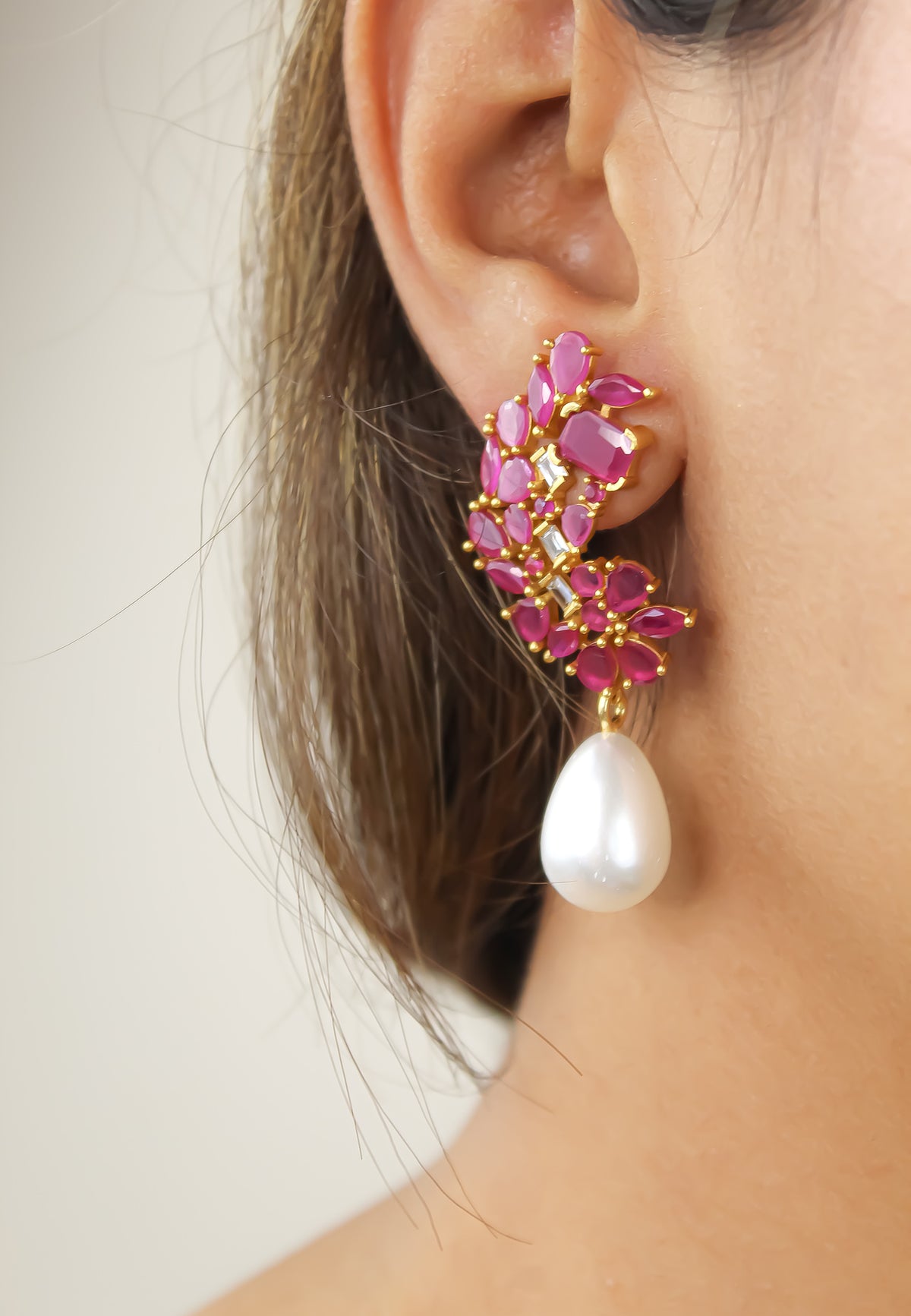 Golden frosty pearl earrings bombay sunset