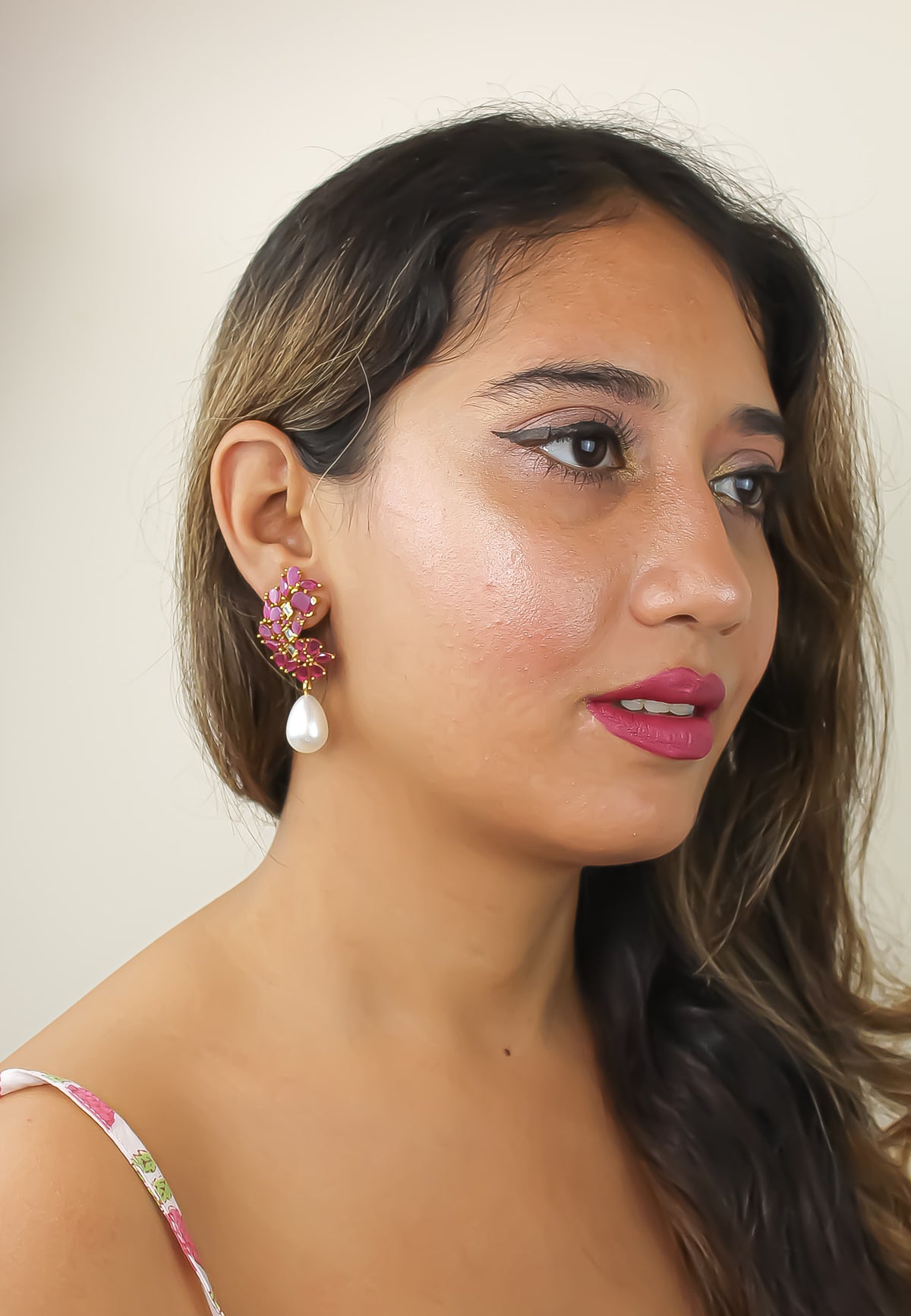 Golden frosty pearl earrings bombay sunset