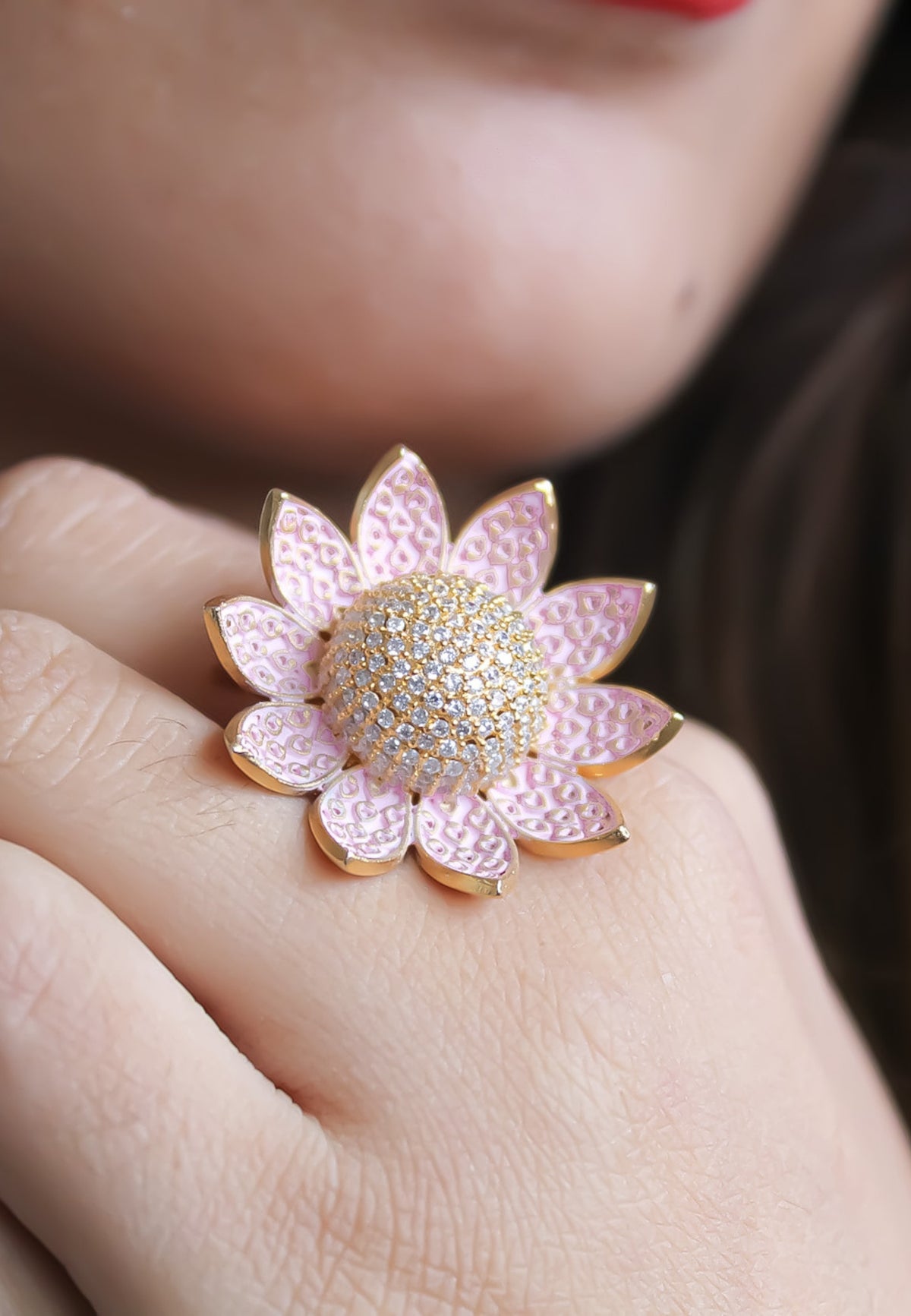lotus ring with encrusted zircons below 50 Bombay Sunset